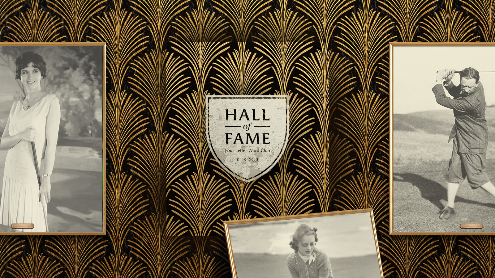 Four Letter Word Club Hall of Fame plaque with old style black and white images of three golfers - one male and two females
